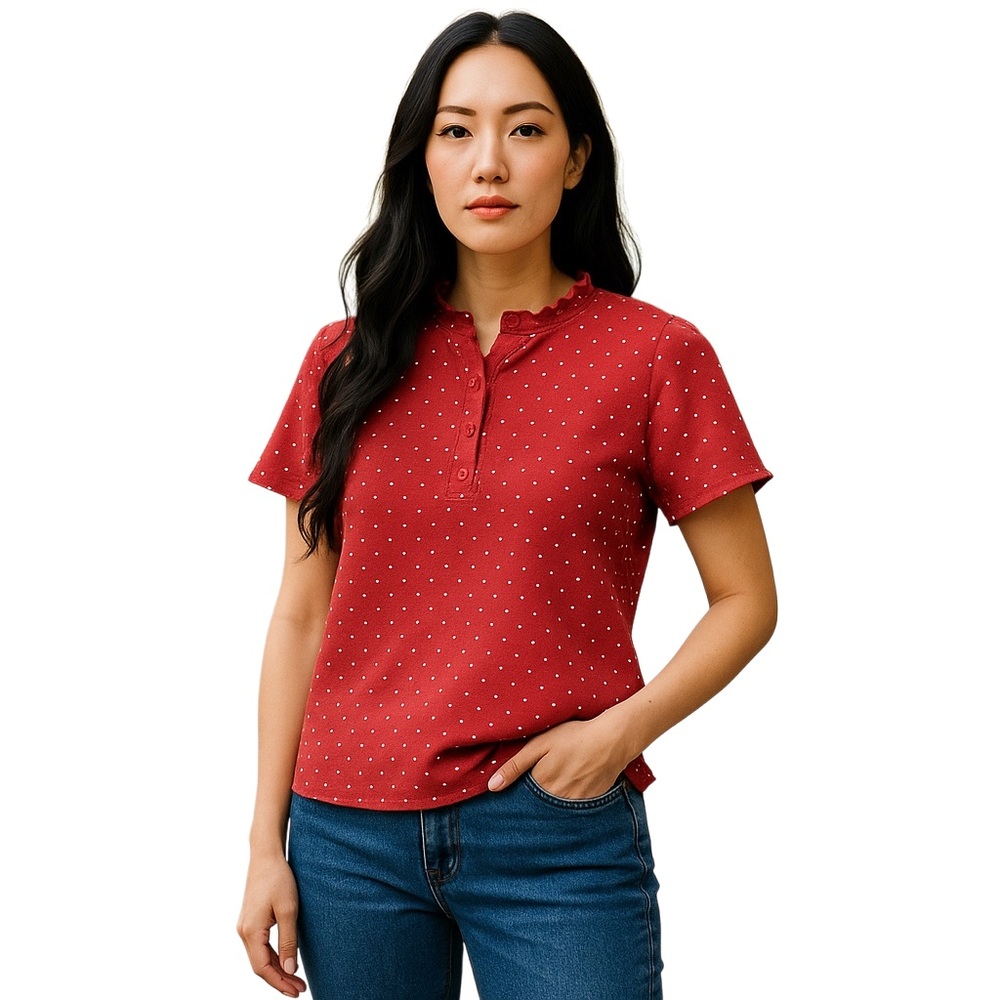 Charter Club Women S/S Button Up T-Shirt Red white Polka Dot Sz Large